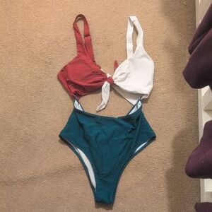 Red, White, and Teal Bikini Set
